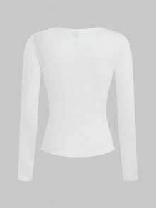 SHEIN EZwear 2pcs/Set Women White Crew Neck Casual Slim Fit Long Sleeve T-Shirt Set, Suitable For Autumn/Winter,White Shirt - White - View 4