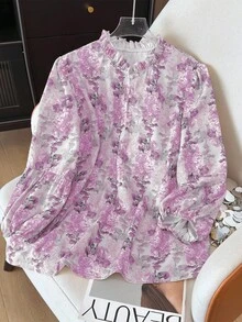 SHEIN Clasi 大码女士时尚休闲法式复古优雅通勤灯笼袖宽松衬衫 - 中紫紅色 - 查看 1