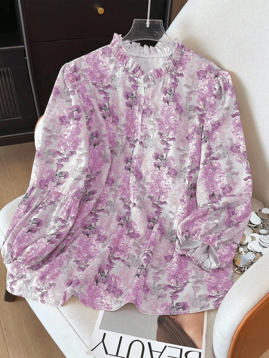 SHEIN Clasi 大码女士时尚休闲法式复古优雅通勤灯笼袖宽松衬衫 - 中紫紅色 - 查看 1