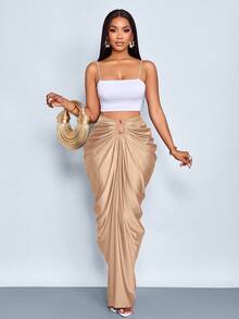 SOLERSUN 女士时尚纯色褶皱半身裙 - 杏色 - 查看 5