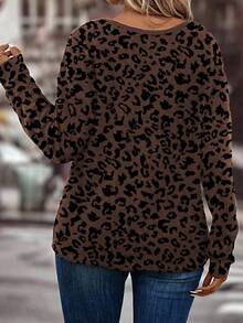 EMERY ROSE Plus Size Casual Leopard Print V-Neck Long Sleeve T-Shirt