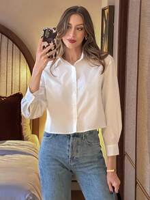 Pariaura 女士衬衫，女式上衣，长袖，秋冬装，基础衬衫，休闲办公装，前开襟，毕业，短款衬衫 - 白色 - 查看 1