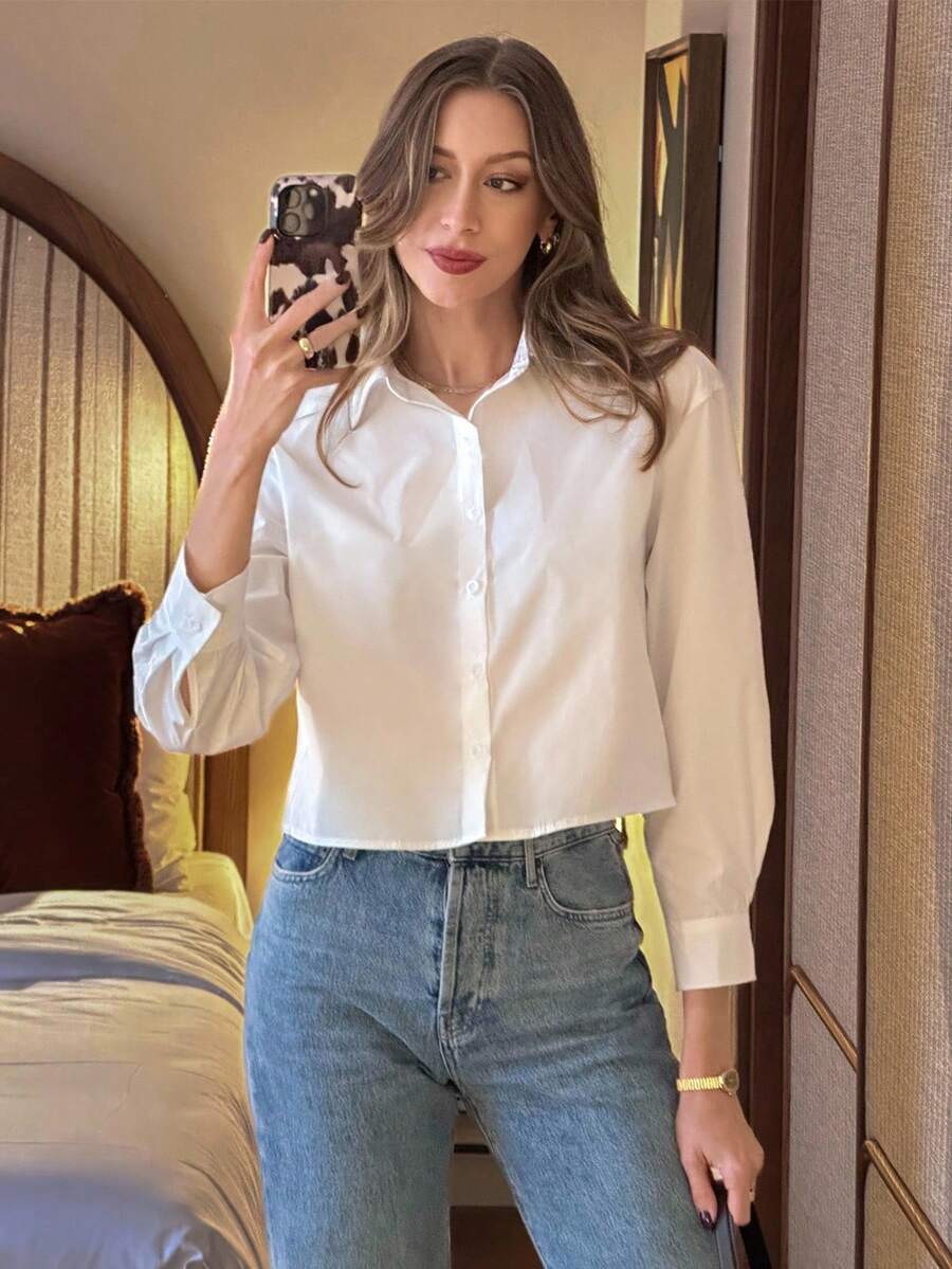 Pariaura 女士衬衫，女式上衣，长袖，秋冬装，基础衬衫，休闲办公装，前开襟，毕业，短款衬衫 - 白色 - 查看 1