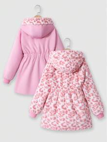 SHEIN 1pc Girls Reversible Leopard Print Fluffy Long Sleeve Windbreaker Jacket, Suitable For Autumn/Winter Fall - Pink - View 3