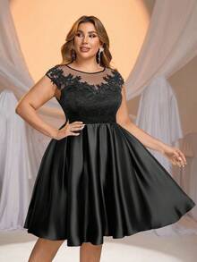 Glamrae Plus Size Elegant Black Collar Sheer Lace Applique Patchwork A-Line Wedding Dress, Bridal Gown For Gift & Ceremony
