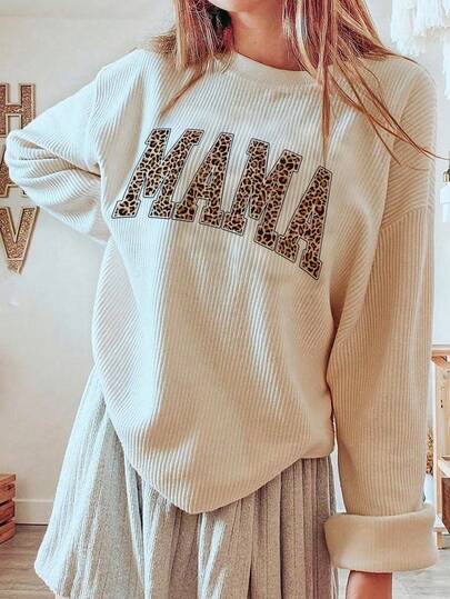 EMERY ROSE MAMA Letter Print Fashionable Minimalist Women Crew Neck Corduroy Long Sleeve Sweatshirt, Gift For Friends, Autumn/Winter