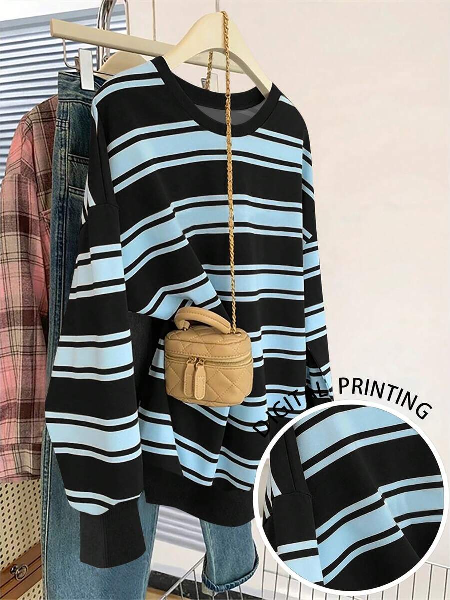 Franclia Women's Colorful Striped Print Crew Neck Casual Sweatshirt, Long Sleeve, Autumn/Winter