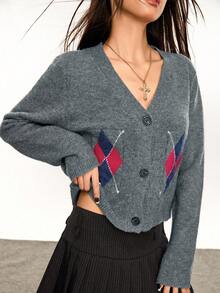 Rina Fox Vintage American Diamond Pattern Jacquard Knit Cardigan - Dark Grey - View 1