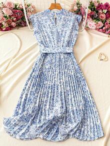 Franclia 女式花卉印花立领百褶腰休闲节日连衣裙