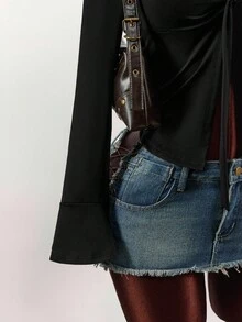 Amplova Top casual cu mânecă lungă pentru femei, culoare solidă, guler cu strasuri - Negru - Vizualizare 6