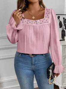 EMERY ROSE Plus Size Women's Casual Solid Color Square Collar Long Sleeve Shirt - Pink - View 4