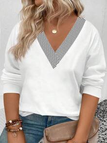 EMERY ROSE 女士秋冬新款V领条纹印花拼接休闲百搭长袖大码T恤 - 白色 - 查看 1