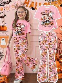 Set de 2 piezas de camiseta de manga corta de cuello redondo y pantalones acampanados con estampados casuales de calabaza, fantasma, telaraña, murciélago, calavera y animal, diseños lindos de dibujos animados para niñas, ropa de otoño adecuada para salidas, fotografía callejera, hogar, fiesta de Halloween, fiesta de animales - Multicolor - Ver 1