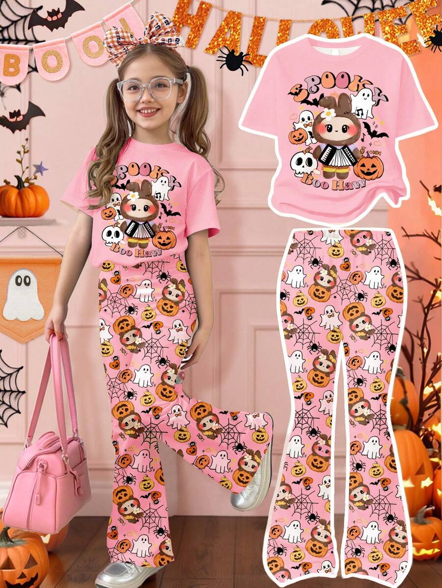 Set de 2 piezas de camiseta de manga corta de cuello redondo y pantalones acampanados con estampados casuales de calabaza, fantasma, telaraña, murciélago, calavera y animal, diseños lindos de dibujos animados para niñas, ropa de otoño adecuada para salidas, fotografía callejera, hogar, fiesta de Halloween, fiesta de animales - Multicolor - Ver 1