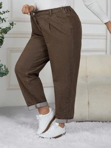 SHEIN CURVE+ 休闲时尚百搭简约纽扣口袋大码女式牛仔裤 - 棕色 - 查看 8