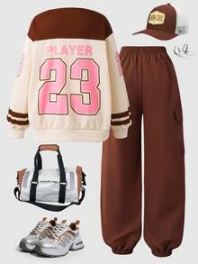Sparklyn 2pcs Tween Girls' Sporty Color Block Numeric Print Long Sleeve Knit Sweatshirt And Side Pocket Cargo Pants Set, Cool Girl Daily Outfit Fall Winter - Brown - View 2