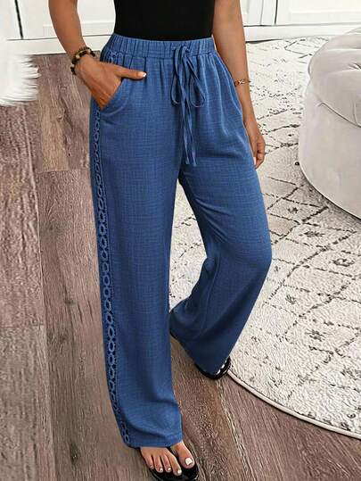 SHEIN LUNE Women's Casual Solid Color Denim Effect Linen Contrast Lace Trim Straight Pants Fall Cloth For Women
