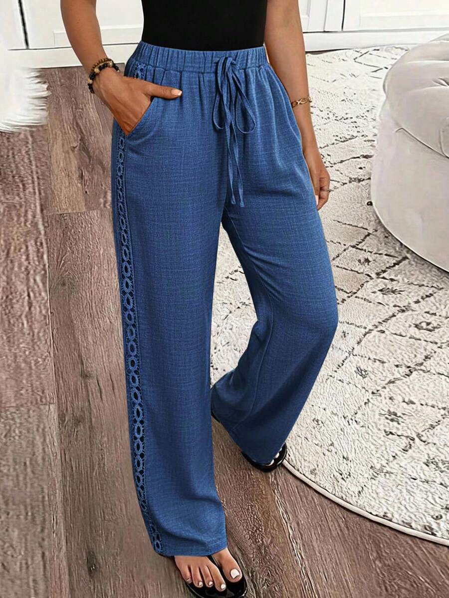 SHEIN LUNE Women's Casual Solid Color Denim Effect Linen Contrast Lace Trim Straight Pants Fall Cloth For Women