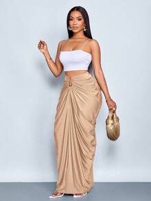 SOLERSUN 女士时尚纯色褶皱半身裙 - 杏色 - 查看 4