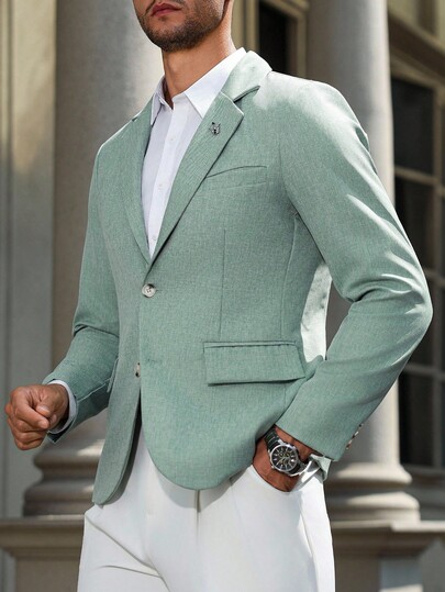 Manfinity Mode Men's Solid Color Raglan Sleeve Lapel Neck Front Button Casual Suit Blazer Green, Formal, Ceremony