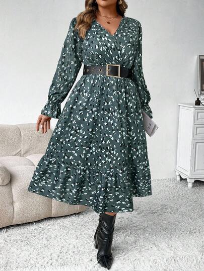 EMERY ROSE Plus Size Women's Autumn/Winter Fashion Casual V-Neck Ditsy Floral Long Cinched Waist Dress, Slimming Silhouette Maxi Women Outfit