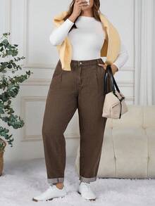 SHEIN CURVE+ 休闲时尚百搭简约纽扣口袋大码女式牛仔裤 - 棕色 - 查看 6