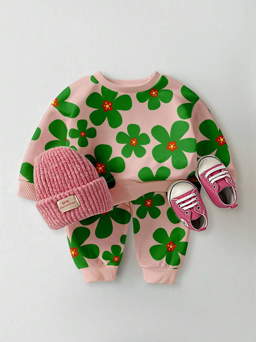 2pcs Baby Girls Casual Fashionable Cute Floral All-Over Print Crew Neck Sweatshirt And Sweatpants Set, Autumn/Winter Fall - Multicolor - View 1