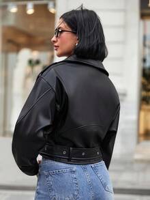 EURMUSE Woman Leather Long Sleeve Belted Zipper Asymmetric Front Zip Up Pockets Autumn Winter Lady Going Out Coat Jacket Women S Street Wear - Black - View 2