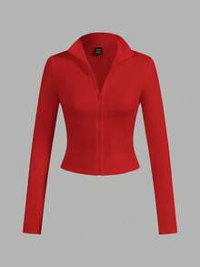 SHEIN EZwear 2 件红黑针织拉链长袖 T 恤，适合秋冬季 - 彩色 - 查看 3