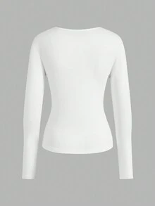 SHEIN EZwear 2pcs/Set Women Deep V-Neck Slim Fit Casual Long Sleeve T-Shirt Top Set, Suitable For Autumn/Winter - White - View 8