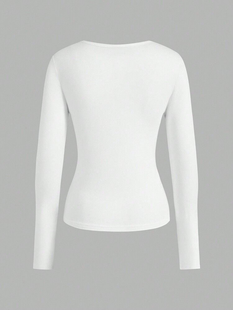SHEIN EZwear 两件套女士深V领修身休闲长袖T恤上衣套装，适合秋冬季穿着 - 白色 - 查看 8