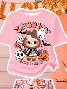 Set de 2 piezas de camiseta de manga corta de cuello redondo y pantalones acampanados con estampados casuales de calabaza, fantasma, telaraña, murciélago, calavera y animal, diseños lindos de dibujos animados para niñas, ropa de otoño adecuada para salidas, fotografía callejera, hogar, fiesta de Halloween, fiesta de animales - Multicolor - Ver 3