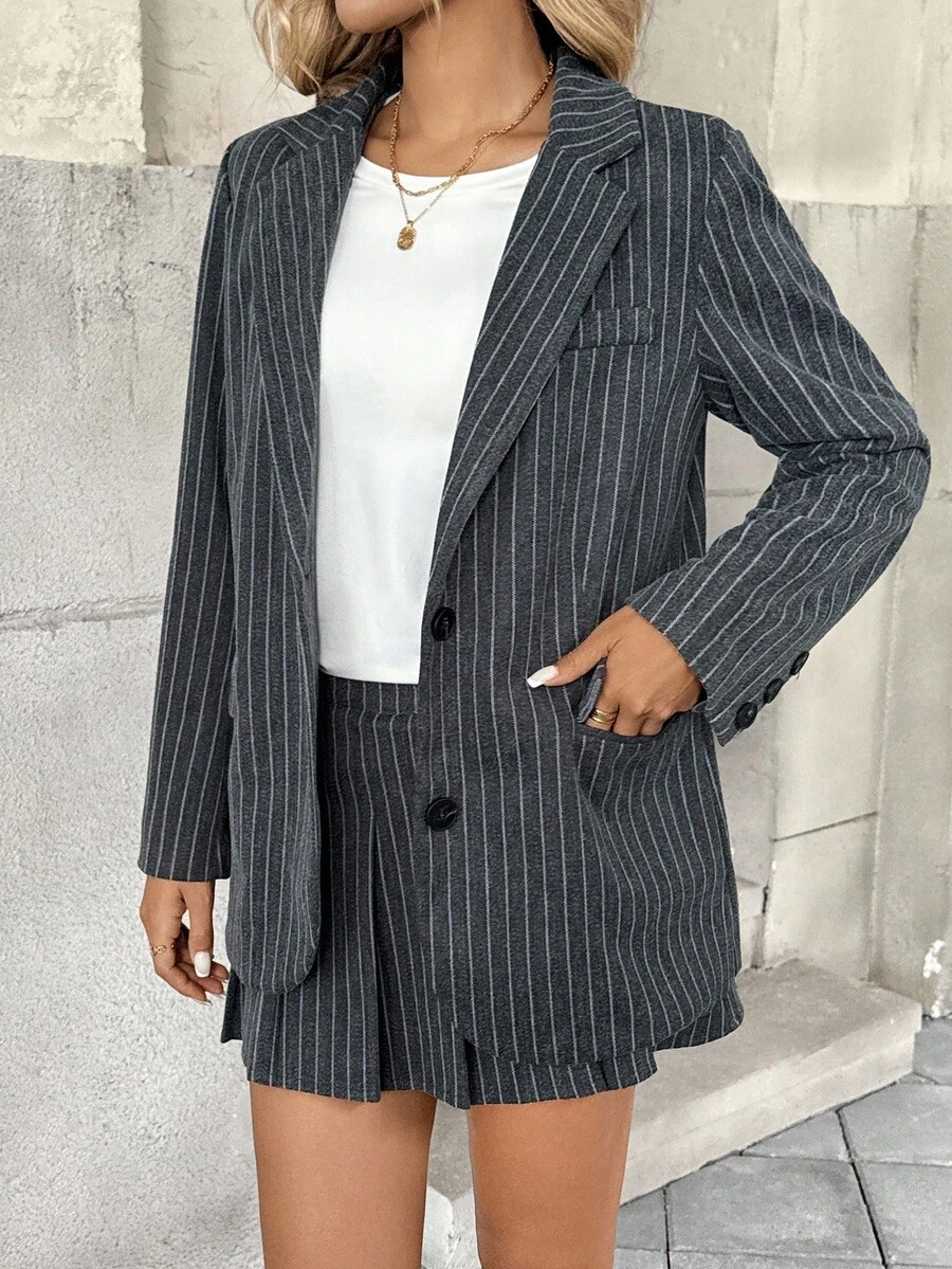INAWLY Nuevo conjunto de traje de mujer de estilo académico elegante con mangas largas, de rayas, con pliegues y de corte holgado - Gris - Ver 1