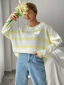 RueChic Striped Pattern Drop Shoulder Sweater