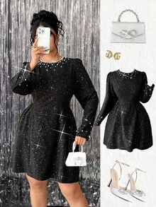 Elenzga Women's Pearl Embellished Metallic Long Sleeve Elegant Dress - Black - View 5