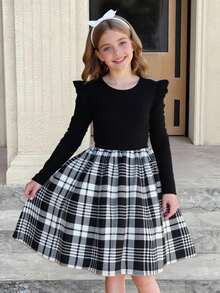 SHEIN Serisse Kids 女童圆领荷叶边盖袖撞色饰边 A 字连衣裙，格子印花荷叶边饰边连衣裙，适合秋冬日常穿着 - 黑色 - 查看 10