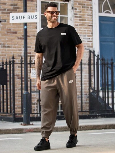  EASEVO 休闲宽松圆领短袖 T 恤和抽绳裤，男士加大码 T 恤套装，秋季服装