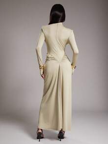 NYA SZN Women's Sage Green Elegant Long Sleeve Mock Neck Fitted Bodycon Flowy Cinch Ruche Detail Maxi Dress For Wedding Guest,Autumn Event,Dining & Night Out - Green - View 2