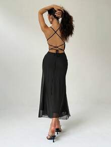 Aloruh 浪漫不对称露背系带中长连衣裙，带网眼覆盖层，粉色和紫色 - 黑色 - 查看 2