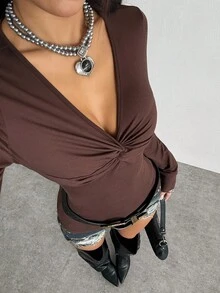 SHEIN Unity Áo thun dài tay ôm dáng cổ chữ V màu trơn đơn giản Y2K dành cho nữ, Xuân/Thu - màu nâu - Xem 3