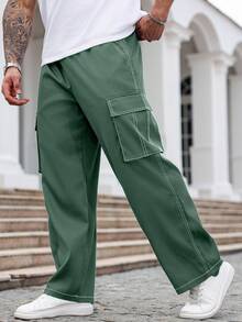Manfinity Homme Plus Size Men's Casual Everyday Flap Pocket Loose Straight Leg Pants, For Fall - Dark Green - View 5