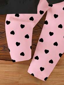 1 Set Baby Mädchen Lässig Süß Herz & Schleife Muster Sweatshirt mit Rundhalsausschnitt und Leggings Set, Rosa und Schwarz, bequeme Herbstoutfits, geeignet für Herbst/Winter