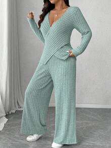 Calvaya Bộ đồ mặc nhà thường ngày 2 món áo thun dài tay dệt kim gân mềm mại cỡ lớn + quần ống rộng gân mềm mại - Màu xanh nhạt - Xem 6