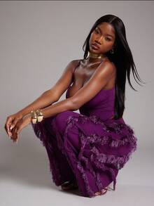 NYA SZN 女士套装（上衣和裤子）上衣修身修身短款可调节肩带领口低腰裤高腰阔腿抽绳流苏细节日常休闲早午餐约会教堂端庄秋冬适合通勤女士服装 - 紫色 - 查看 1