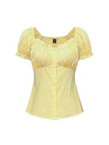 SHEIN Raffinéa Women's Summer Casual Everyday White And Yellow Striped Top,Cute Big V-Neck Front Button Babydoll Shirt,Square Neck Ruched Spring Short Sleeve Tops - Yellow - View 8