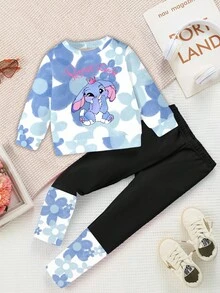 SHEIN 女宝宝休闲时尚创意卡通可爱蓝色花卉兔子字母图案印花卫衣和打底裤两件套 - 彩色 - 查看 3