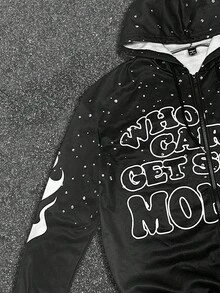 Manfinity EMRG 加大码男士极简印花长袖连帽卫衣，秋季水钻连帽衫，黑色图案连帽衫，男士街头风拉链Y2K拉链连帽衫，谁在乎，赚钱连帽衫 - 黑色 - 查看 3