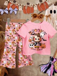 Set de 2 piezas de camiseta de manga corta de cuello redondo y pantalones acampanados con estampados casuales de calabaza, fantasma, telaraña, murciélago, calavera y animal, diseños lindos de dibujos animados para niñas, ropa de otoño adecuada para salidas, fotografía callejera, hogar, fiesta de Halloween, fiesta de animales - Multicolor - Ver 6