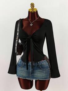 Amplova Top casual cu mânecă lungă pentru femei, culoare solidă, guler cu strasuri - Negru - Vizualizare 1