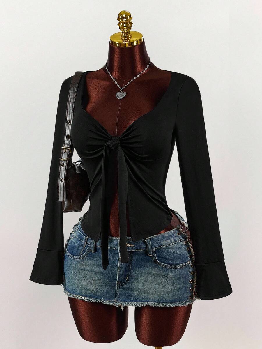Amplova Top casual cu mânecă lungă pentru femei, culoare solidă, guler cu strasuri - Negru - Vizualizare 1